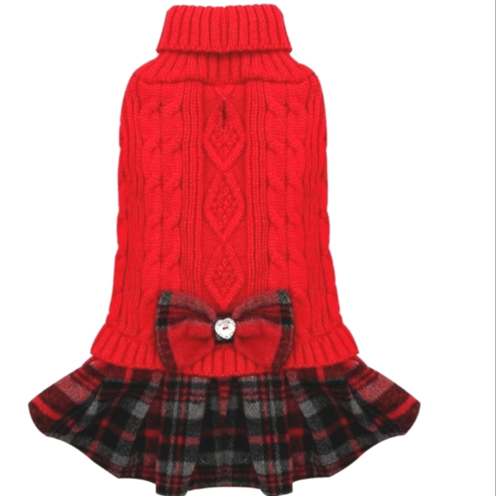 Kyeese Wear Doggie Sweater Dress with Plaid & Red Turtleneck. Fits Up To 22lbs.